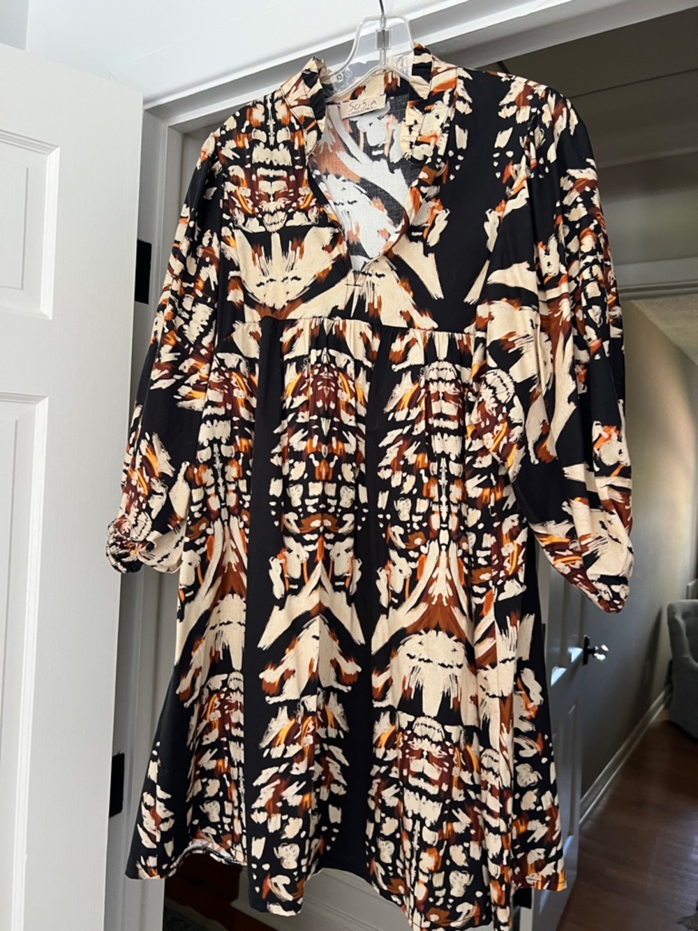 Printed V-Neck Mini Dress in Black, Cream & Brown